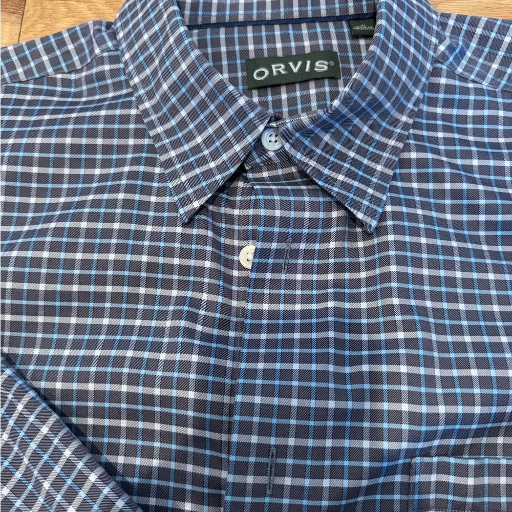 Orvis Men's Navy and Light Blue Plaid Shirt
